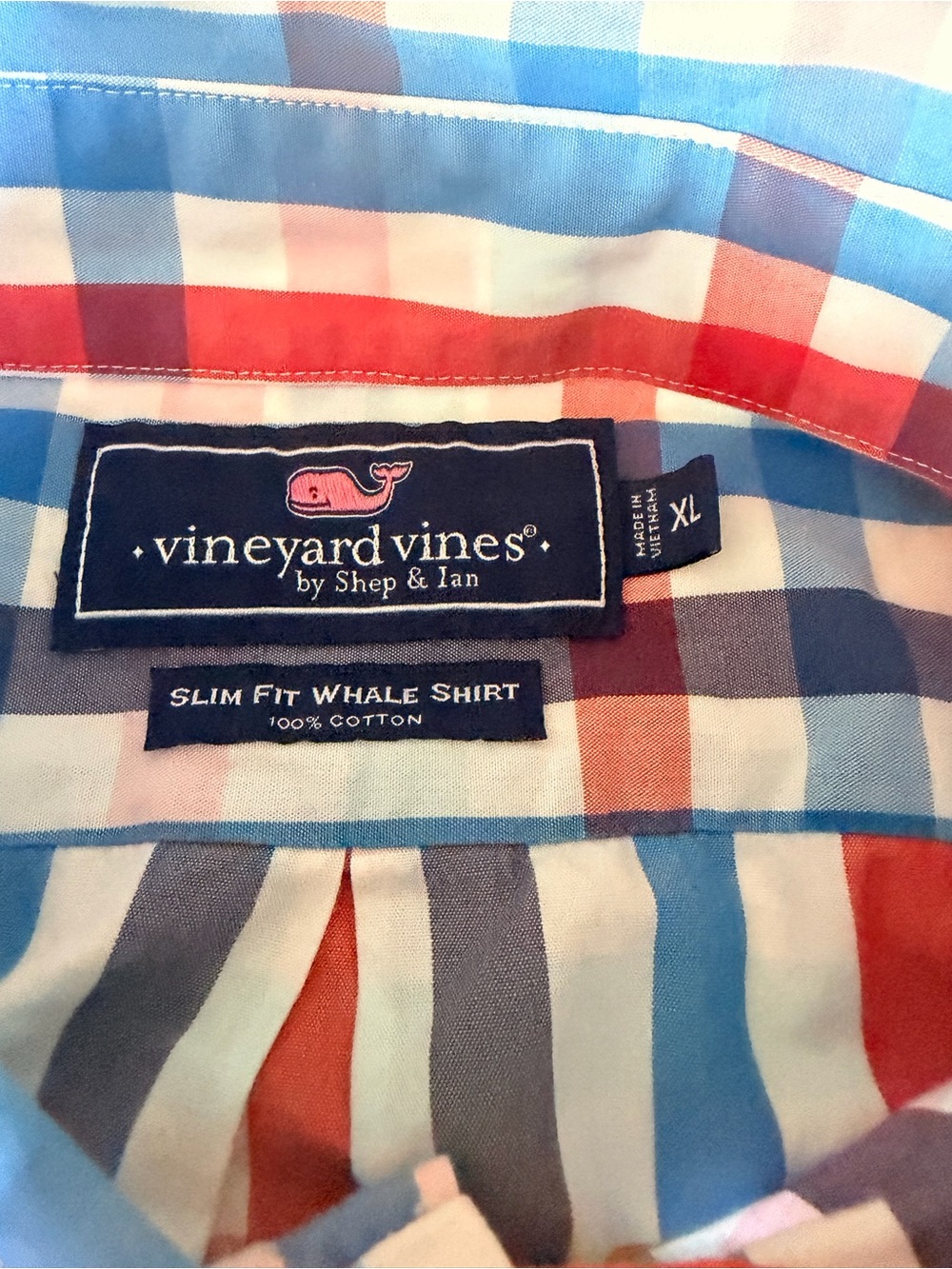 Vineyard Vines Men's Slim Fit Plaid Button-Down Shirt - Blue, Red & White - Picture 5 of 8